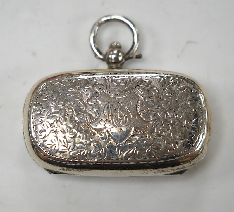 A George V engraved silver sovereign/half sovereign case, Birmingham 1910, 50mm. Condition - fair